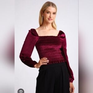 Bagatelle Velvet Burgundy Smocked Blouse